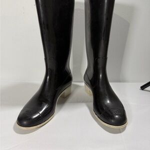 Chanel 40 Rainboots CC Logo Calf Knee High Two Tone Black White PVC Mid Heel